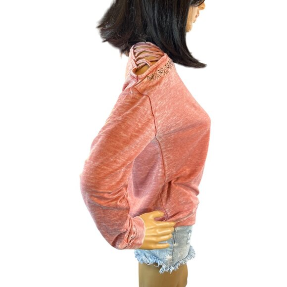 (6 for $25) Knox Rose Open Lattice Shoulder Embellished Sweatshirt Size XS - Picture 2 of 5